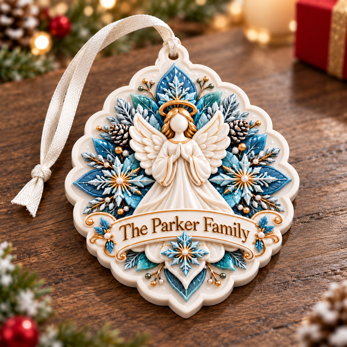 Praying Christmas Angel with Snowflake Medallion Frame - 3D Relief Ornament
