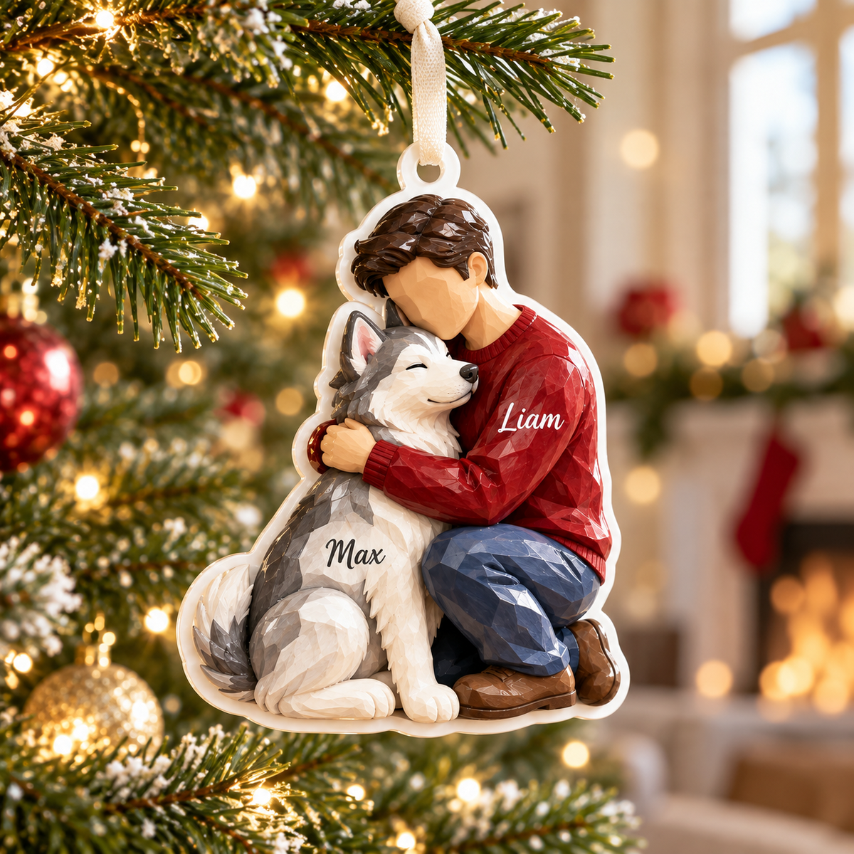 Boy Hugging Siberian Husky Dog Christmas Tree Hanging Keepsake - 3D Relief Ornament