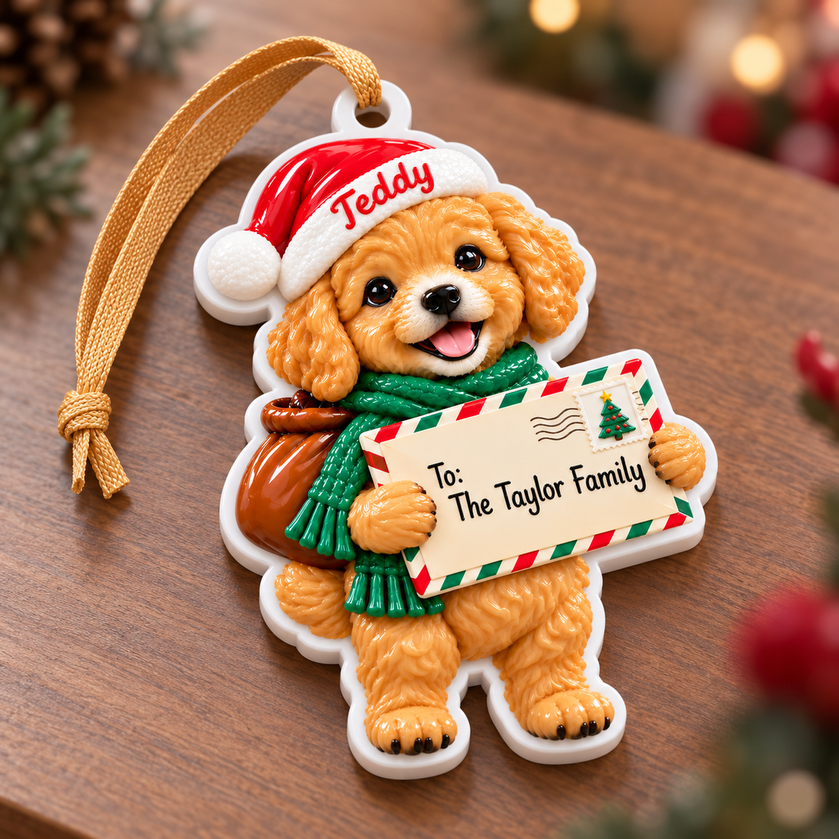 Christmas Puppy Holding Holiday Letter Hanging Tree Decor - 3D Relief Ornament
