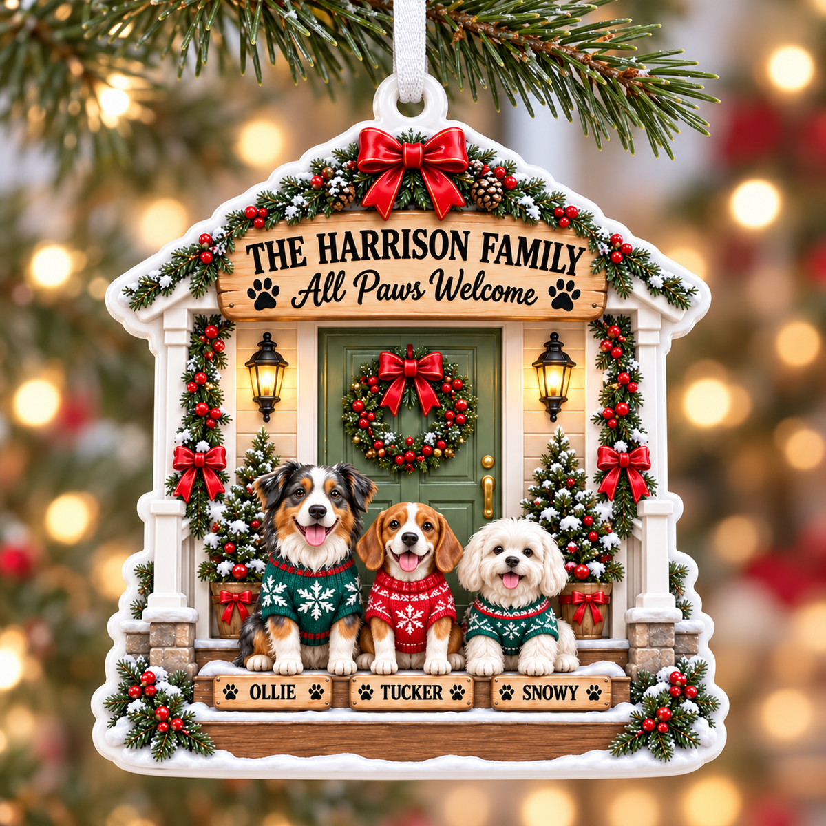 Christmas Front Porch Dogs Holiday Tree Hanging Plaque - 3D Relief Ornament