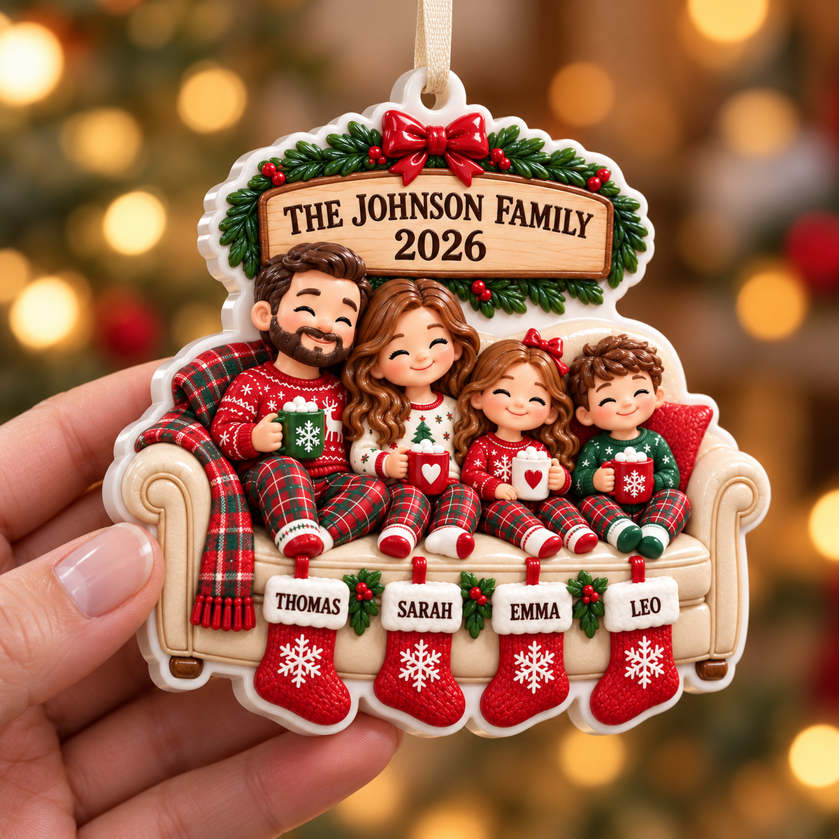 Family of 4 on Sofa with Christmas Stockings Holiday Keepsake - 3D Relief Ornament
