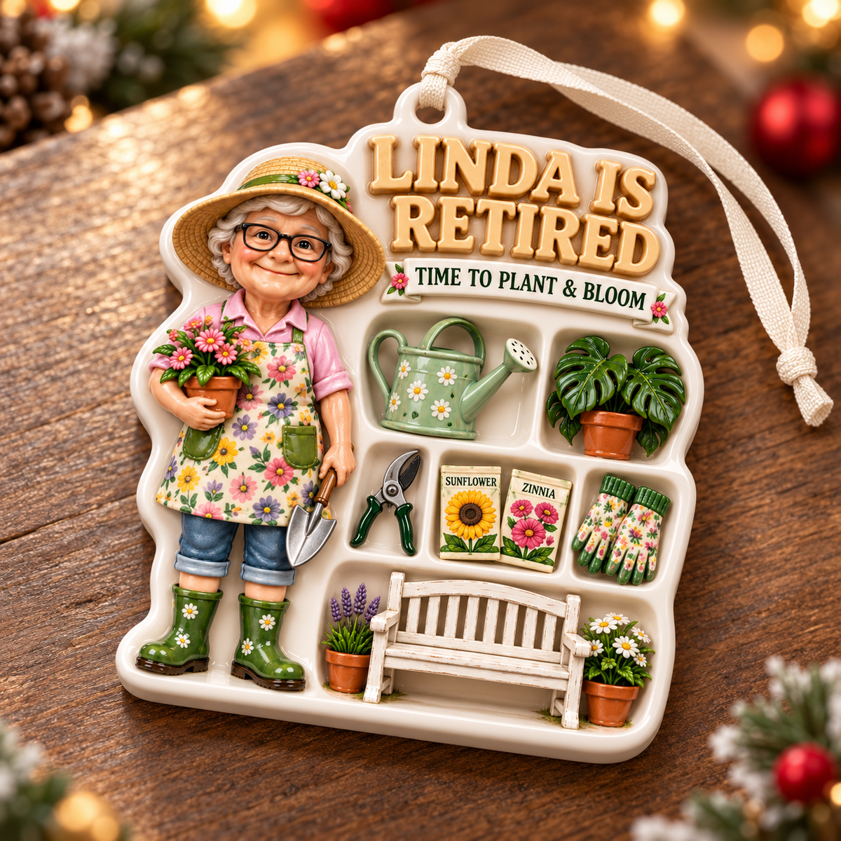 Retired Gardener Woman with Shed Tools and Floral Plants Holiday Keepsake - 3D Relief Ornament