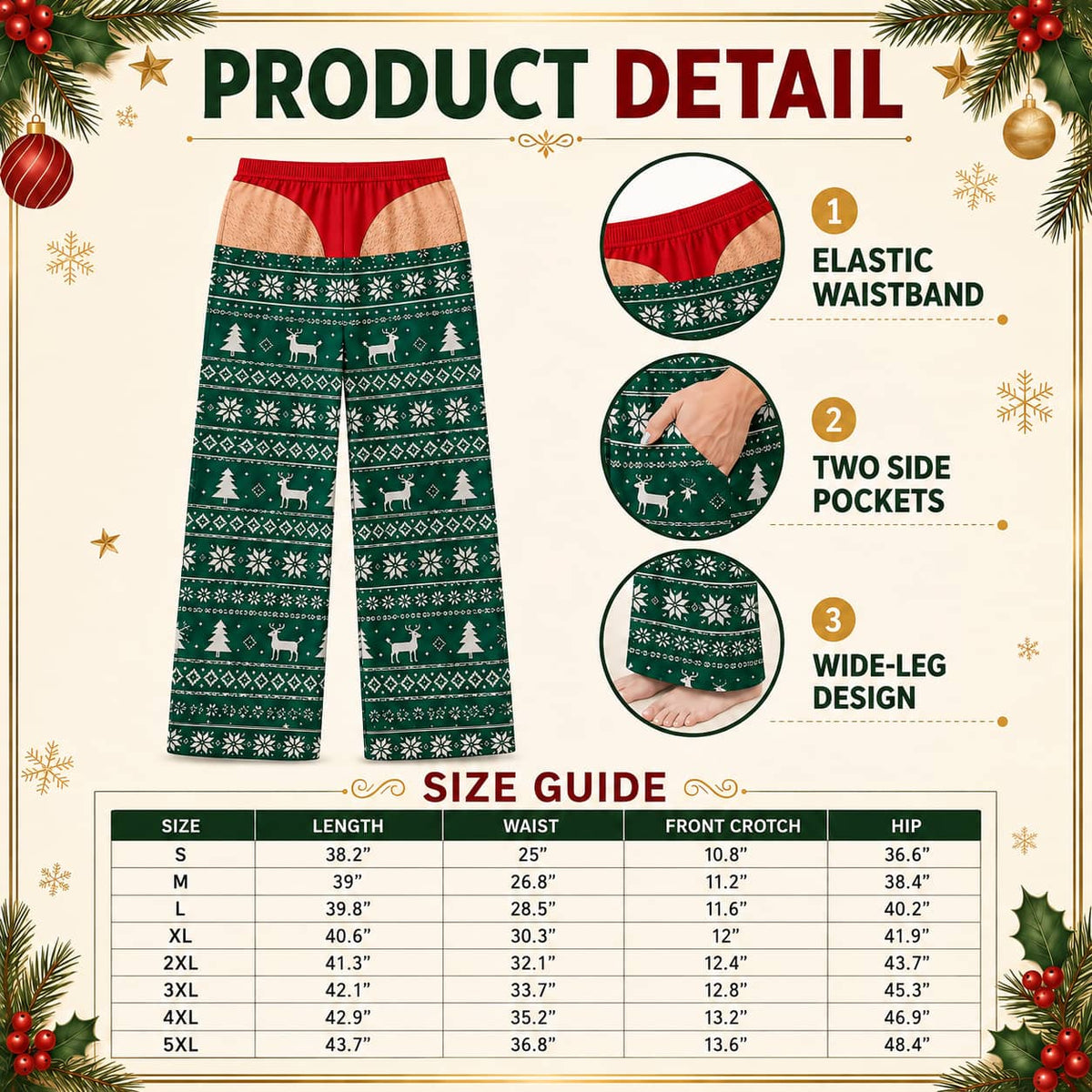 Men's Christmas Pajama Pants, Gag Underwear Print Holiday Loungewear