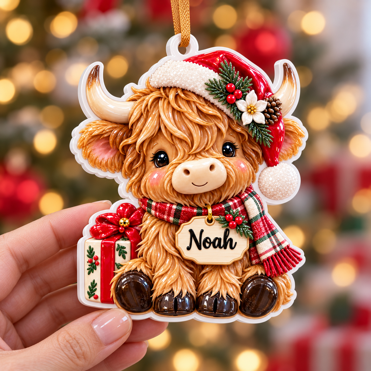 Baby Highland Cow with Santa Hat and Scarf Acrylic Christmas Tree Hanging Decor - 3D Relief Ornament