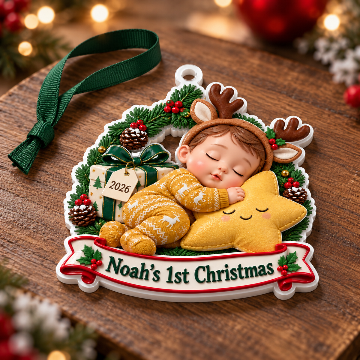 Baby First Christmas Sleeping Infant Reindeer Antlers Star Holiday Keepsake - 3D Relief Ornament