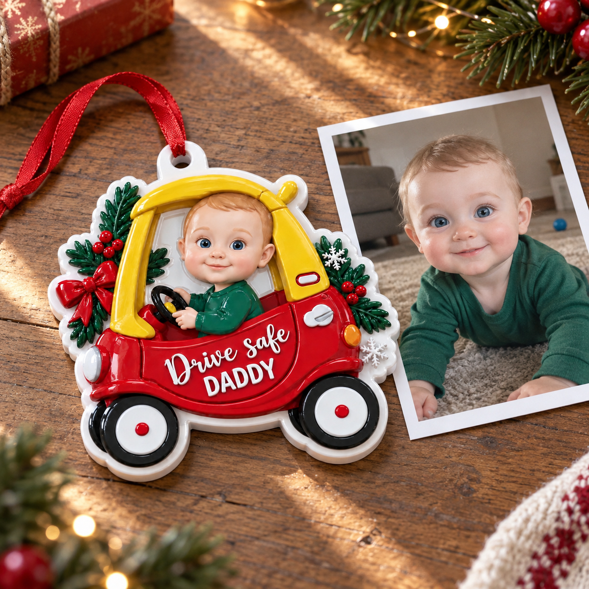 Baby in Red Toy Car Drive Safe Daddy Christmas Tree Keepsake - 3D Relief Ornament