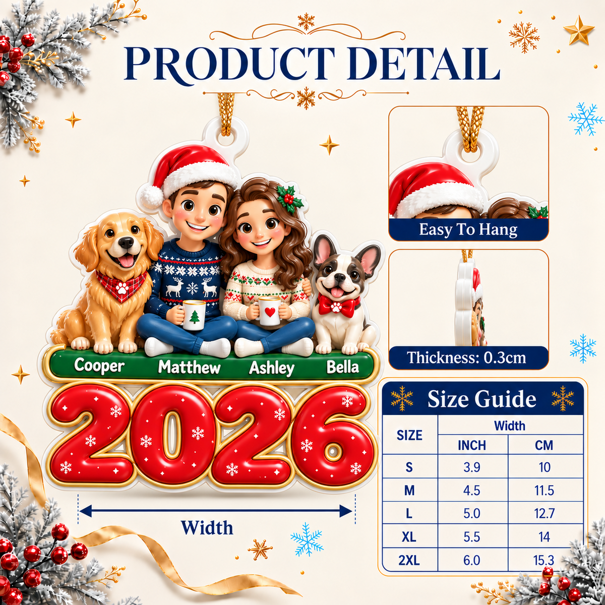 Family Couple and Dogs 2026 Christmas Holiday Tree Hanging Plaque - 3D Relief Ornament
