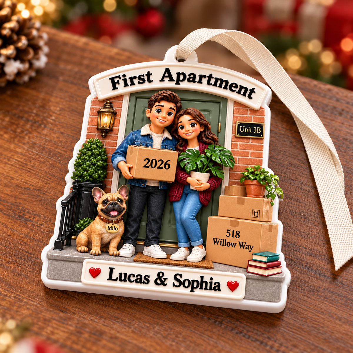First Apartment Moving Couple with French Bulldog Front Porch Holiday Keepsake - 3D Relief Ornament