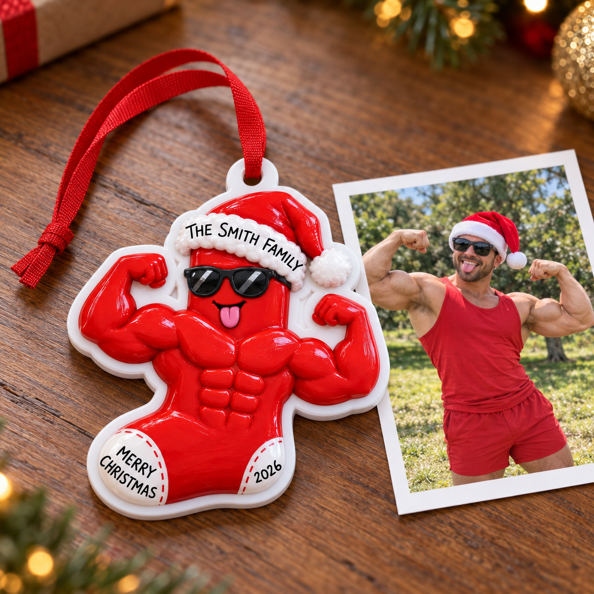 Muscular Christmas Stocking Character Hanging Holiday Decoration - 3D Relief Ornament