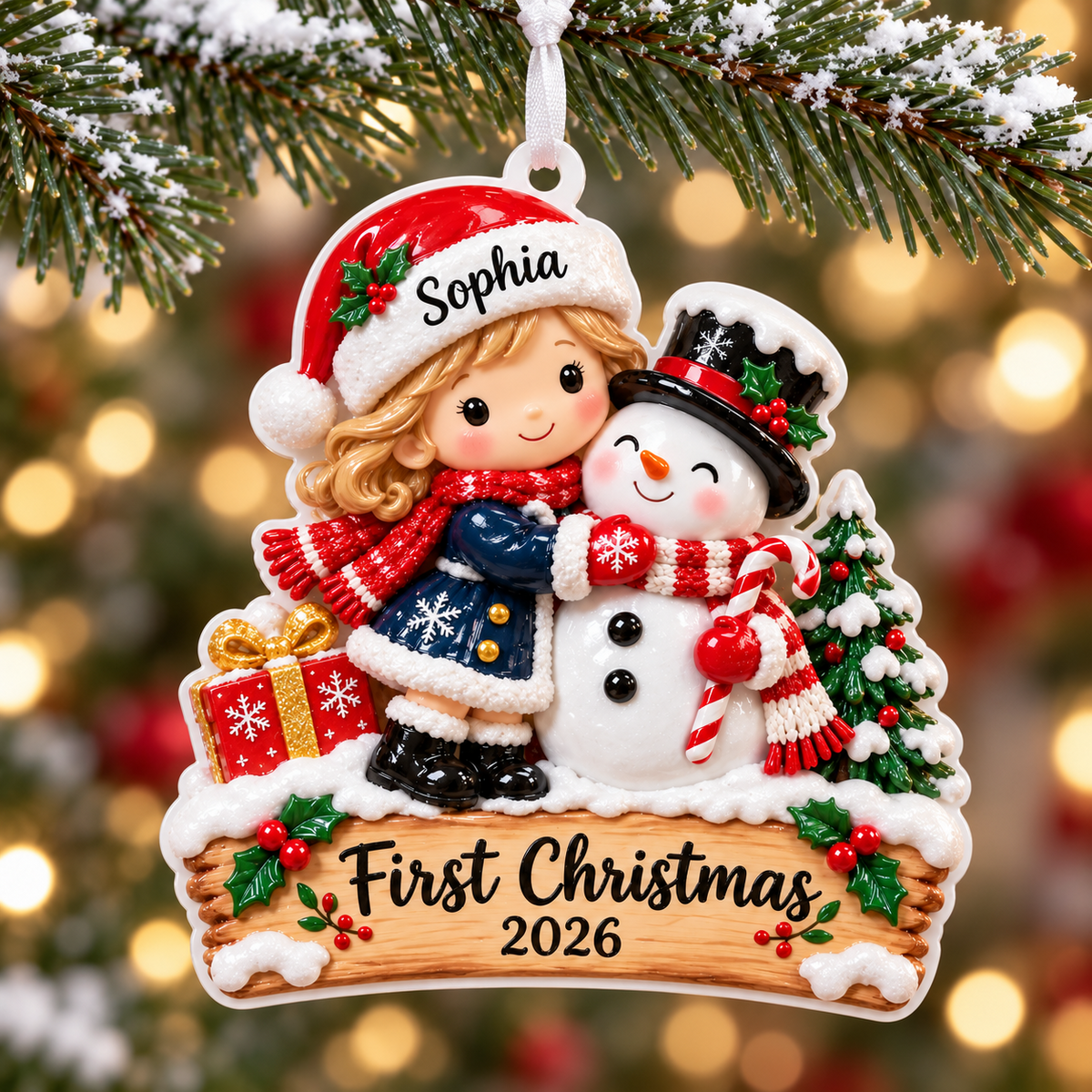 Baby Girl and Snowman First Christmas Tree Hanging Keepsake - 3D Relief Ornament