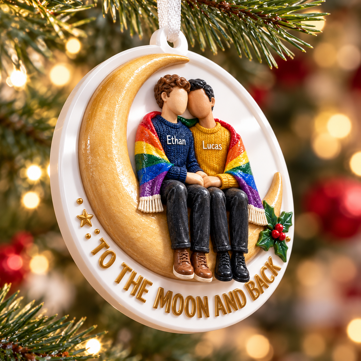 Gay Couple Sitting on Crescent Moon with Rainbow Pride Blanket Holiday Keepsake - 3D Relief Ornament
