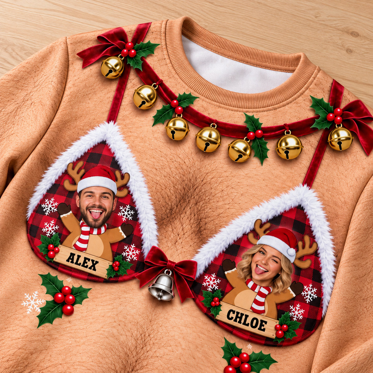 Sweatshirt with Hairy Chest Christmas Bra Print Tan Holiday Crewneck