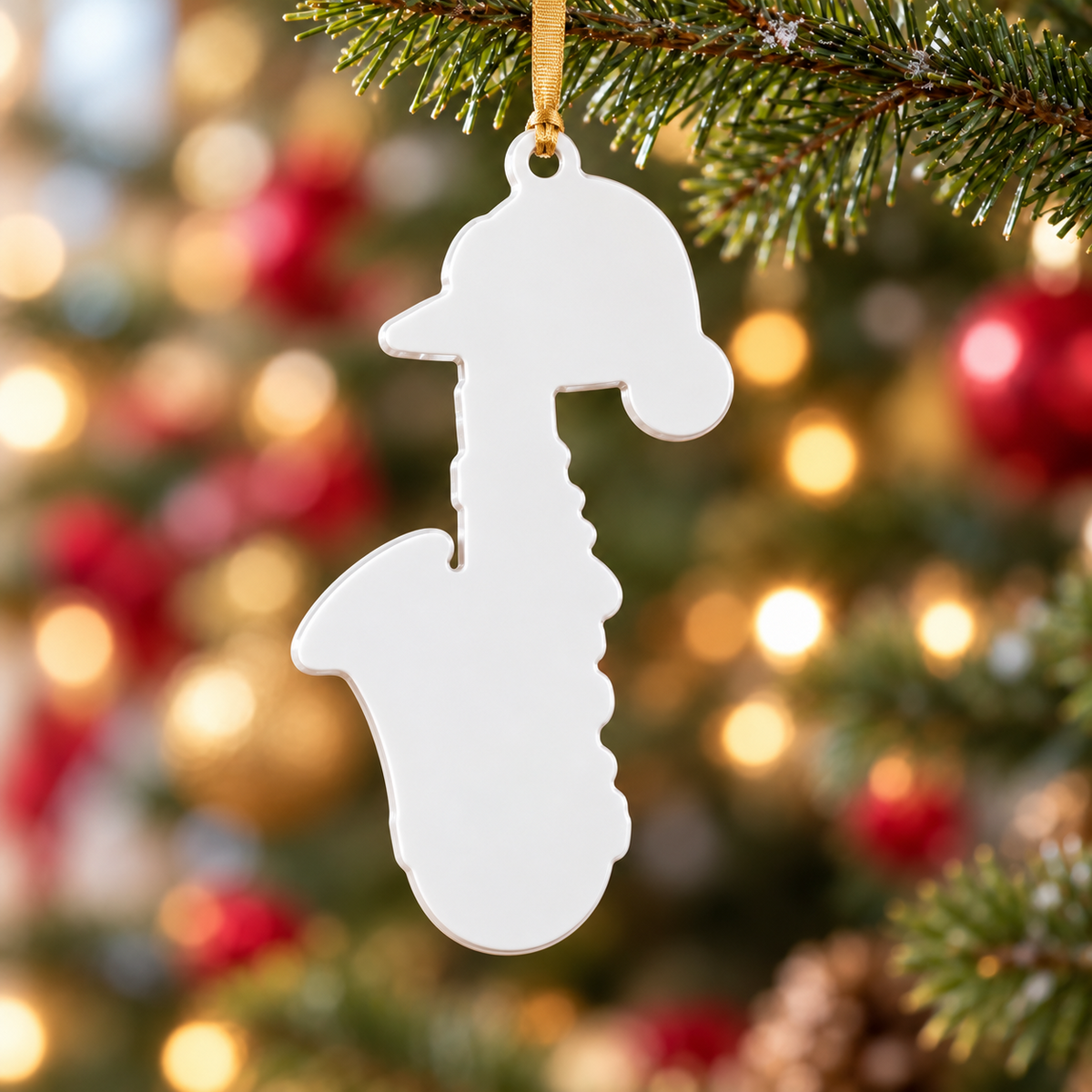 Christmas Golden Saxophone with Santa Hat Hanging Acrylic - 3D Relief Ornament