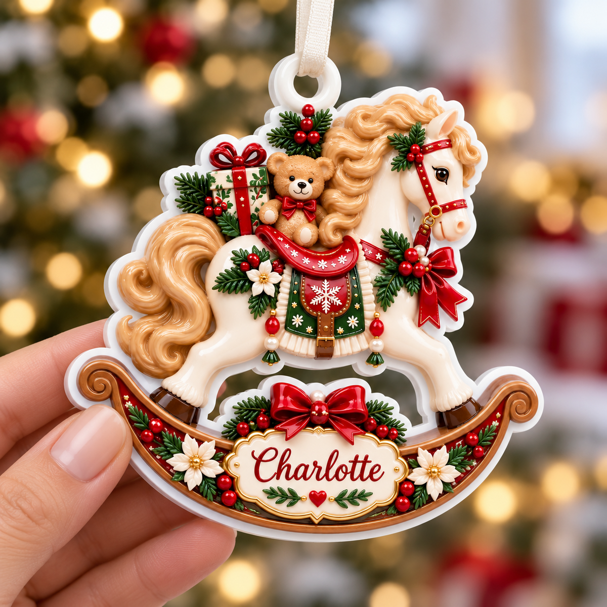 Vintage Rocking Horse with Teddy Bear and Christmas Holly Accent - 3D Relief Ornament