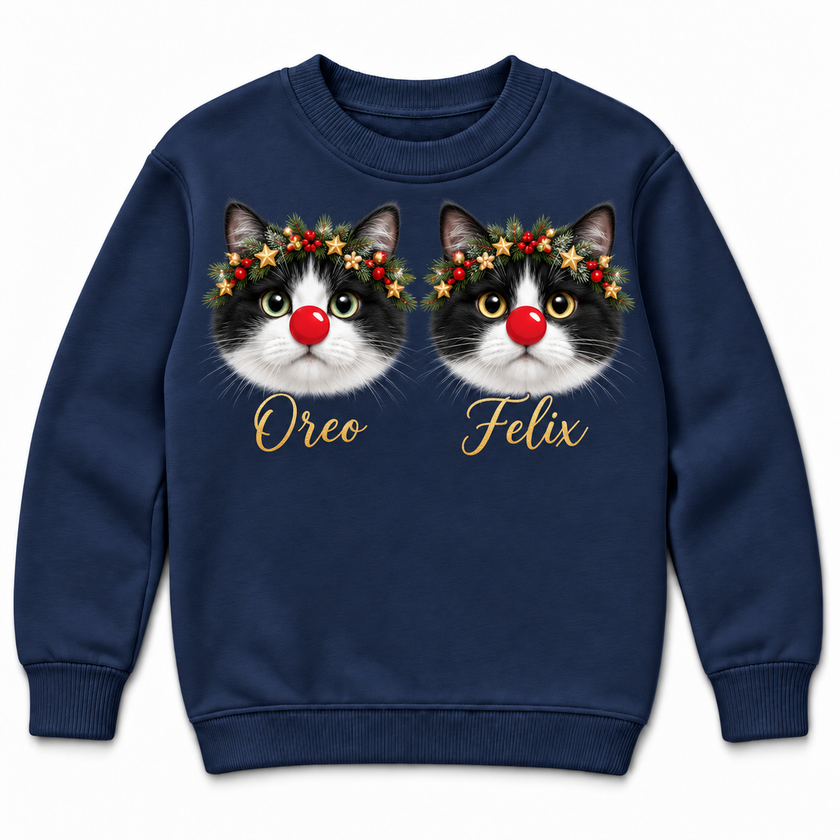 Christmas Cat Sweatshirt Holiday Graphic Red Nose Pet Crewneck
