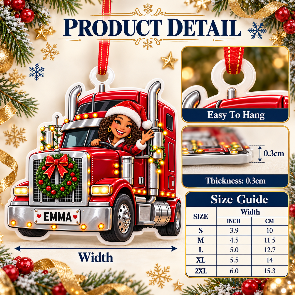Red Semi Truck Female Driver Holiday Acrylic Tree Hanging - 3D Relief Ornament
