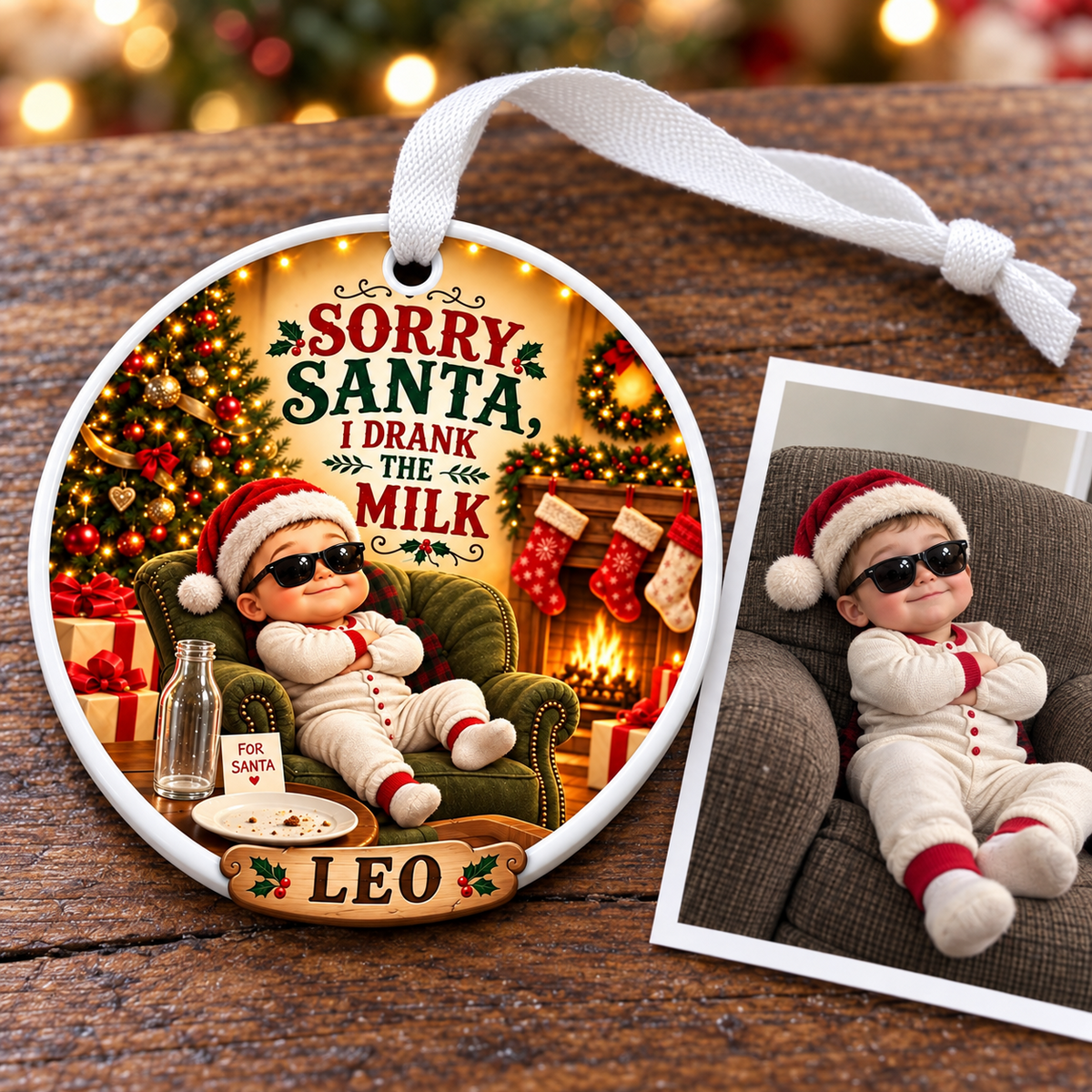 Baby In Sunglasses Sorry Santa I Drank The Milk Round Holiday Keepsake - 3D Relief Ornament