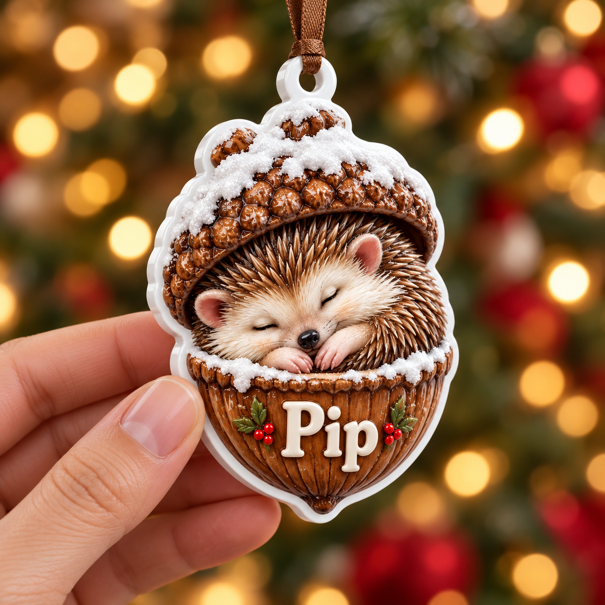 Sleeping Hedgehog in Acorn Shell Holiday Tree Decoration - 3D Relief Ornament