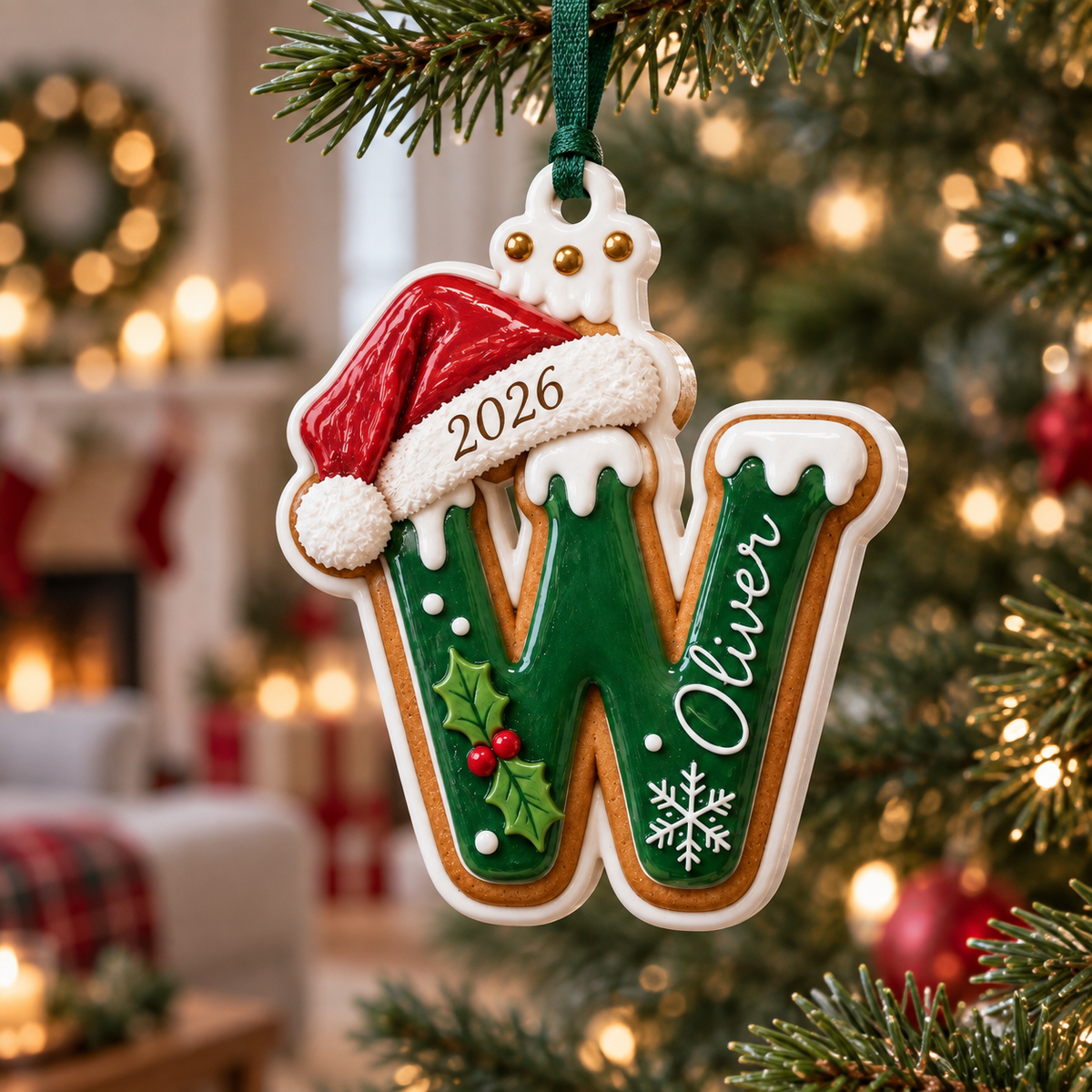 Gingerbread Cookie Letter Christmas Tree Hanging Decoration with Santa Hat - 3D Relief Ornament