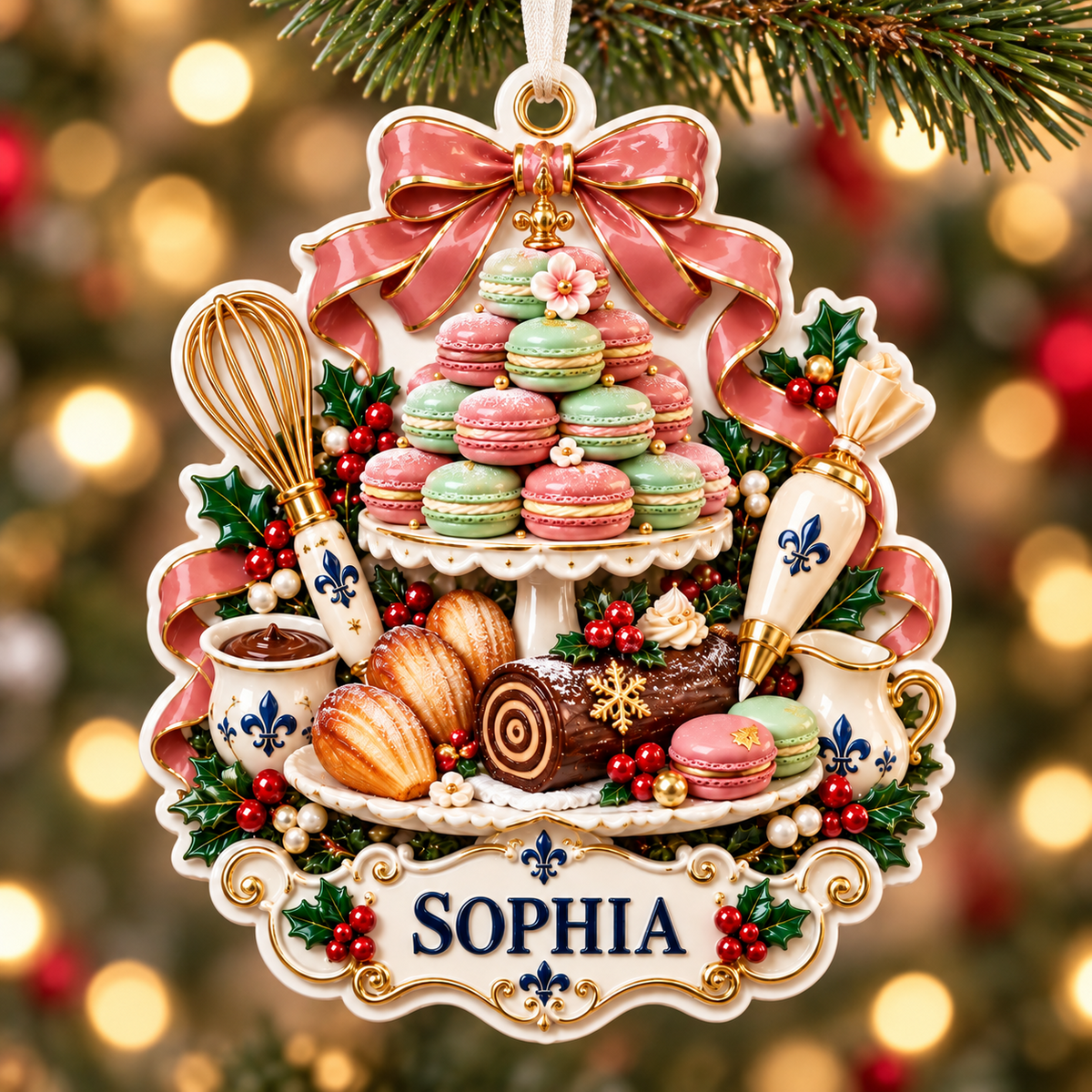 French Bakery Macaron Tower and Pastry Holiday Keepsake - 3D Relief Ornament