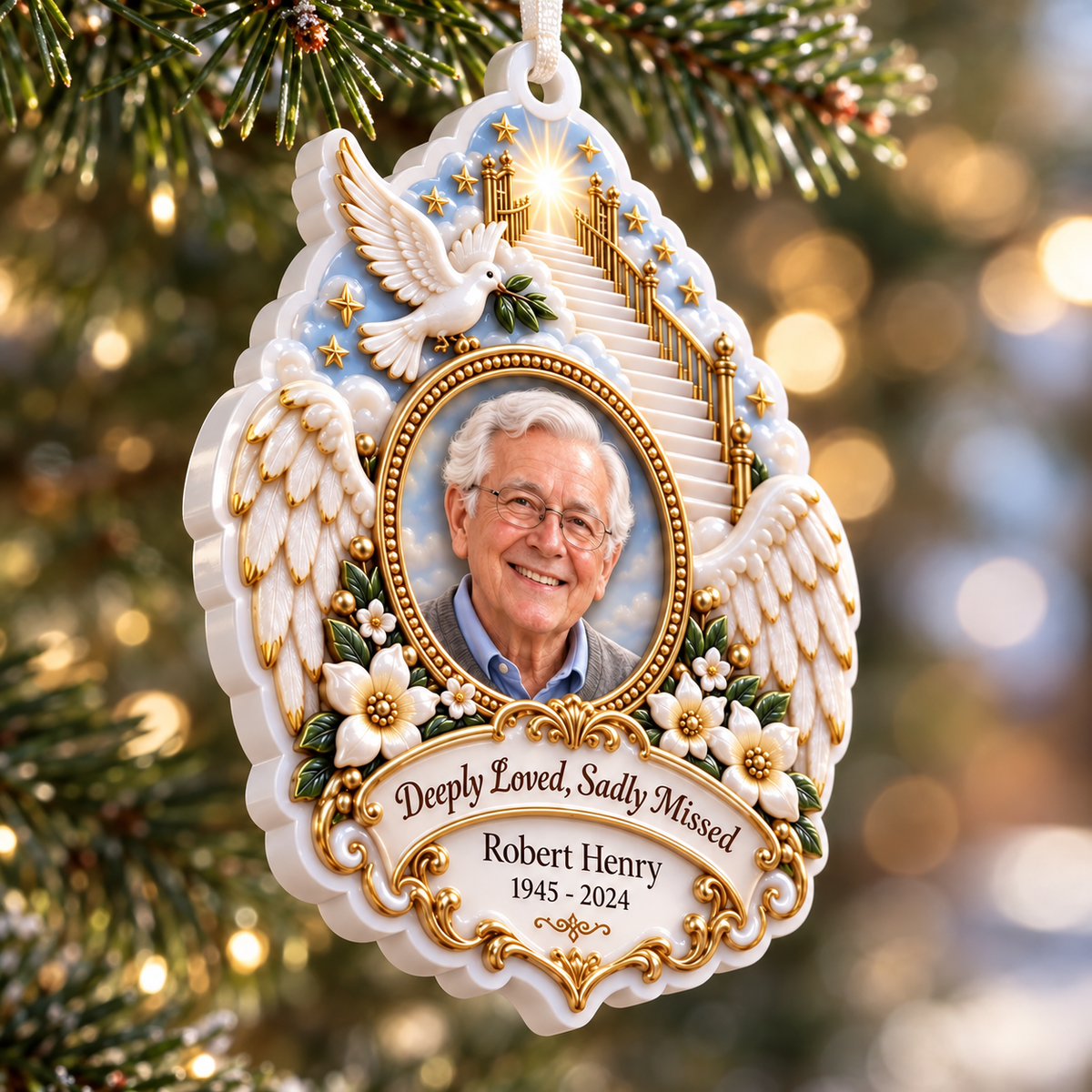 Memorial Stairway to Heaven Keepsake with Angel Wings and Dove - 3D Relief Ornament