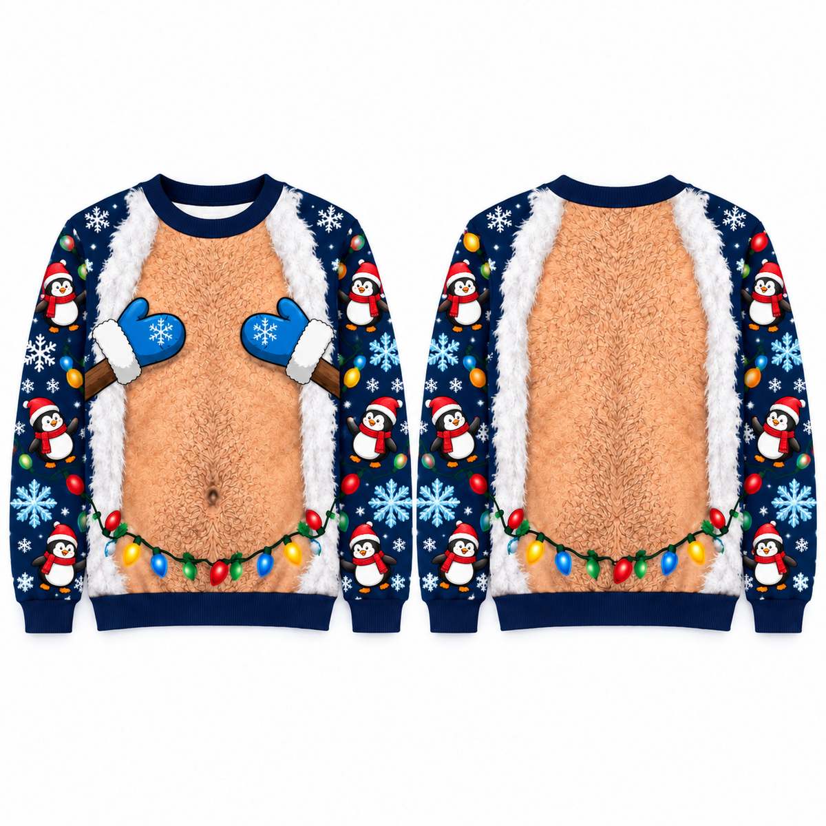 Funny Christmas Sweatshirt Hairy Chest Mitten Lights Ugly Sweater