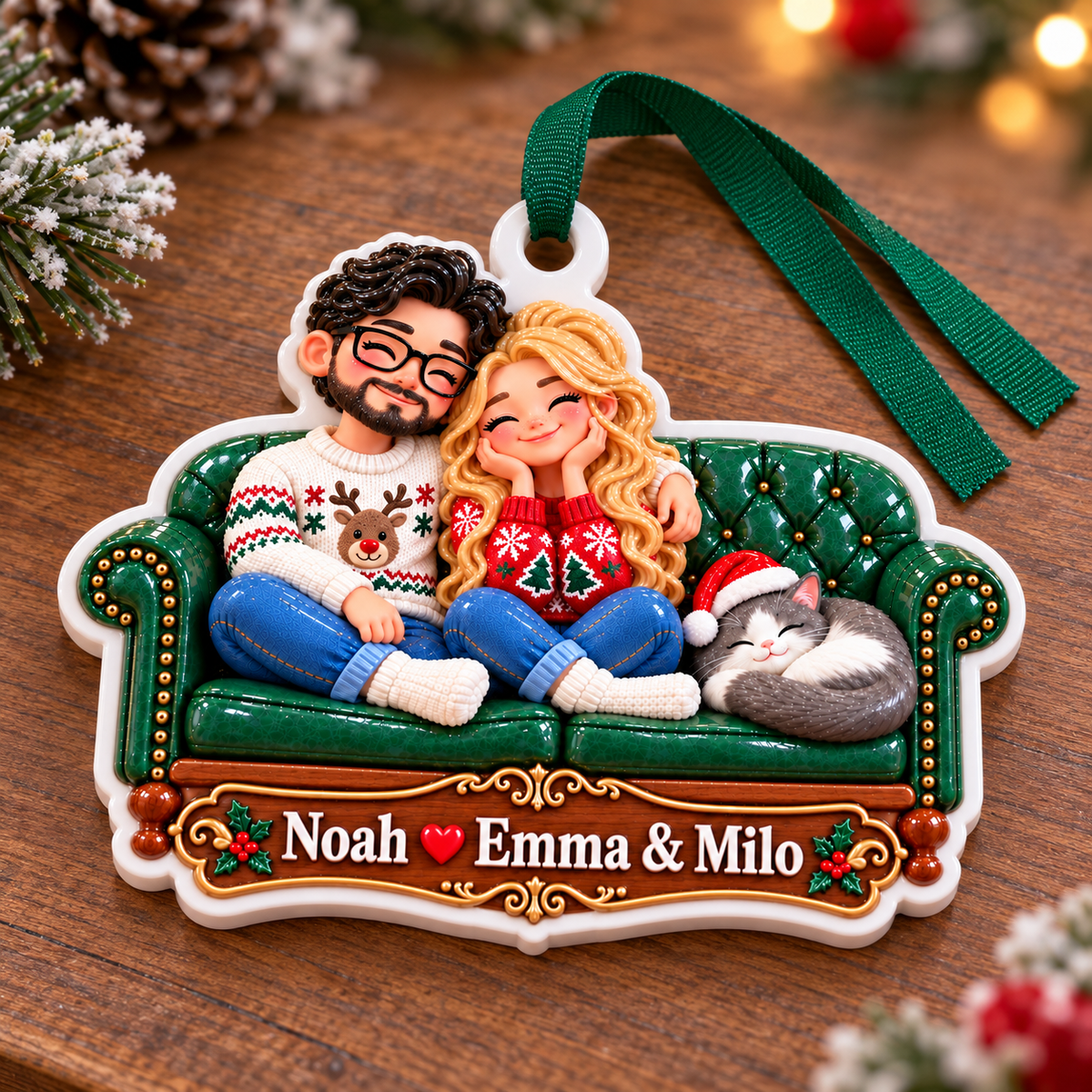 Couple with Cat on Green Tufted Sofa Acrylic Christmas Tree Hanging Decor - 3D Relief Ornament