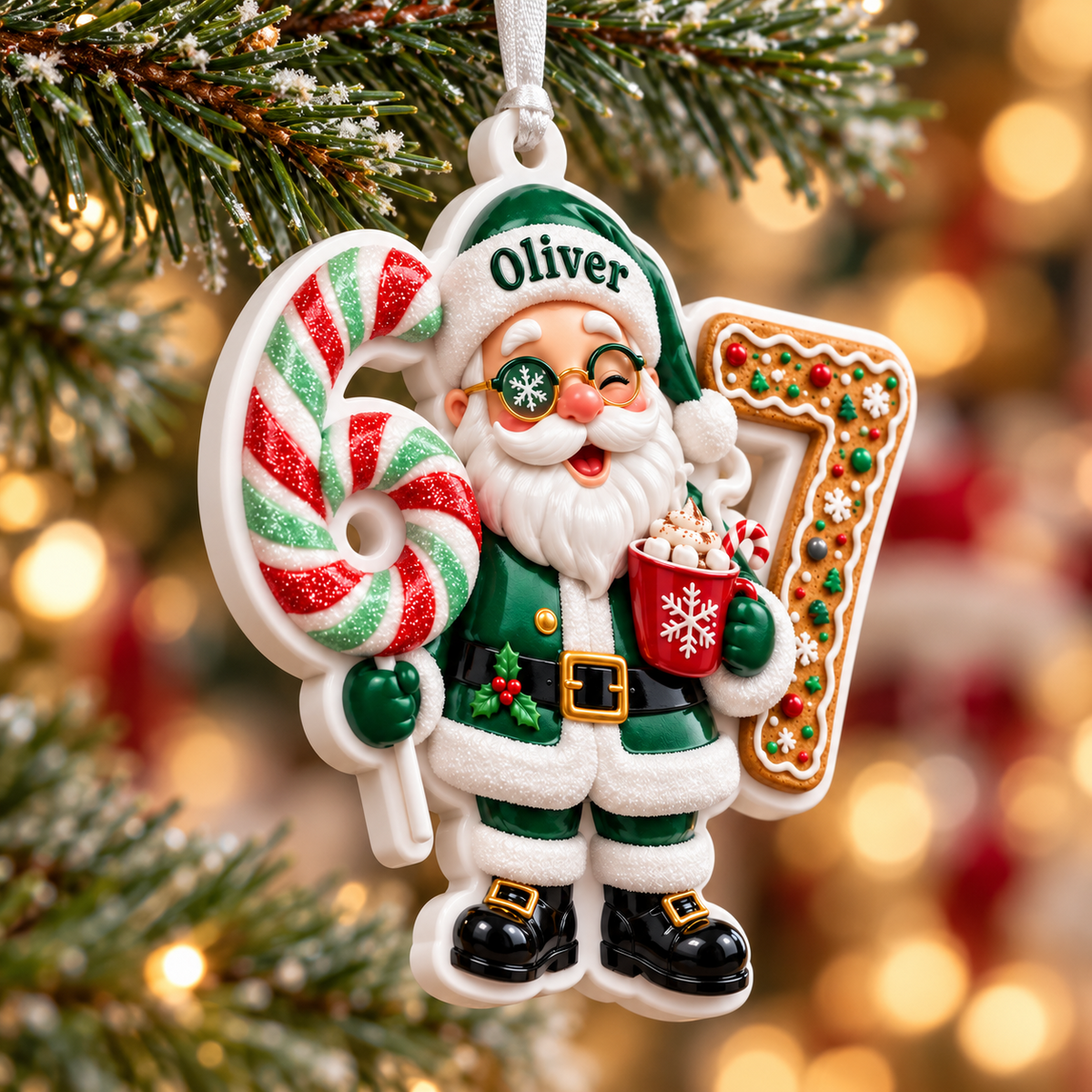 Green Santa Claus Number 67 Acrylic Christmas Tree Decoration - 3D Relief Ornament
