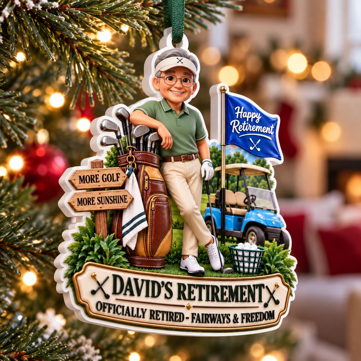 Happy Retirement Golfer with Cart and Bag Acrylic Hanging Keepsake - 3D Relief Ornament