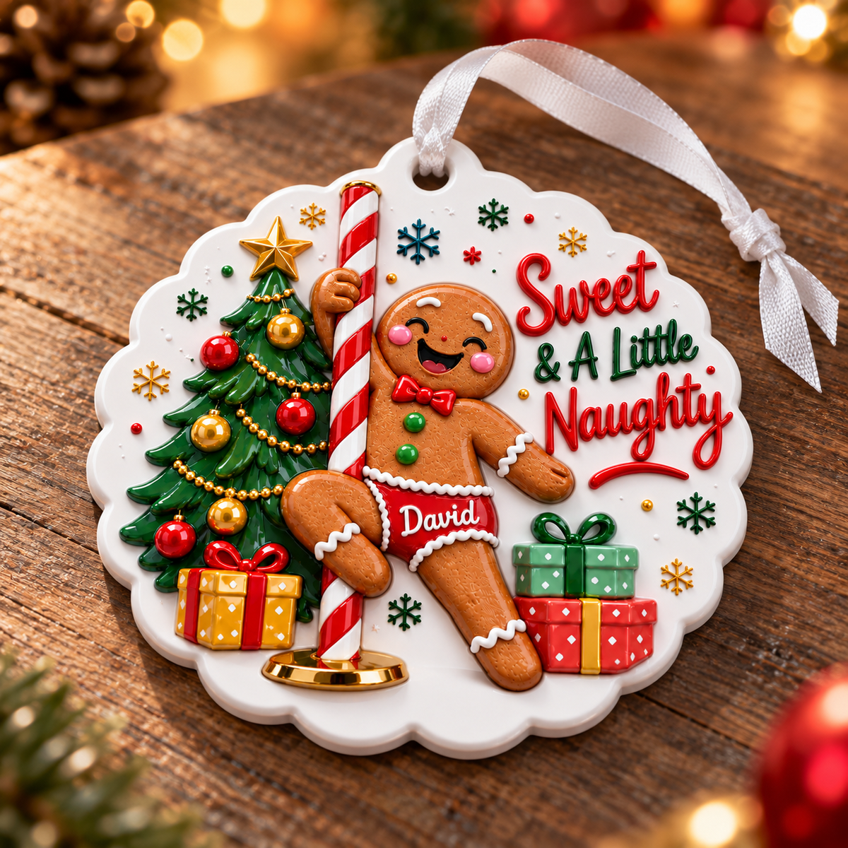 Pole Dancing Gingerbread Man Holiday Acrylic Medallion - 3D Relief Ornament