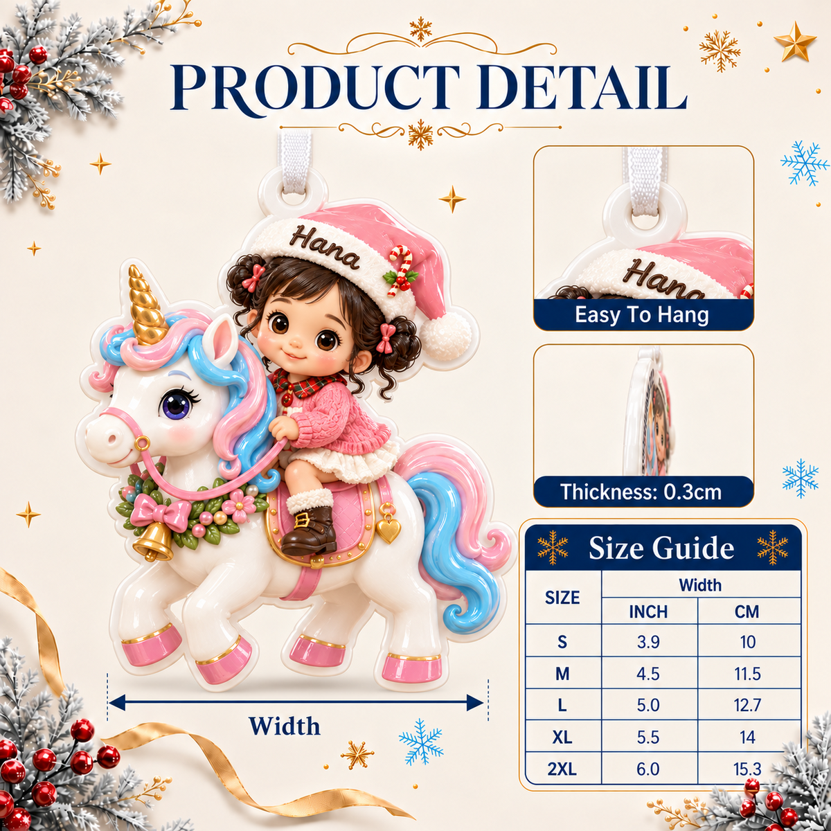 Little Girl in Pink Santa Hat Riding Unicorn Acrylic Christmas Tree Hanging Decor - 3D Relief Ornament