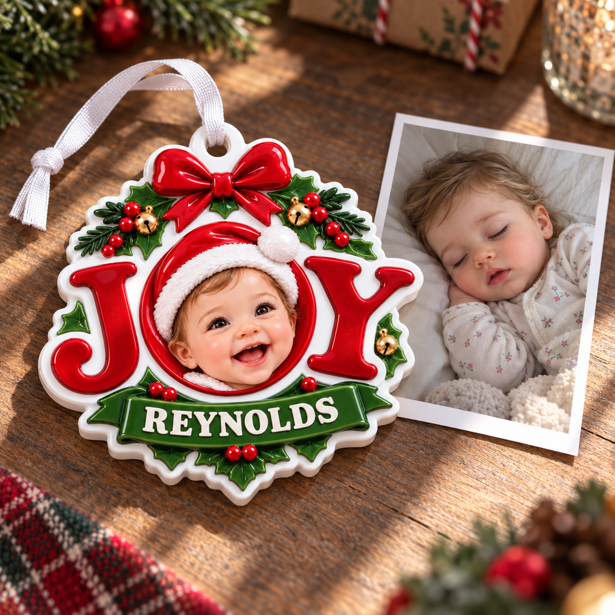Christmas Joy Tree Hanging Frame Medallion with Red Ribbon Bow and Holly - 3D Relief Ornament