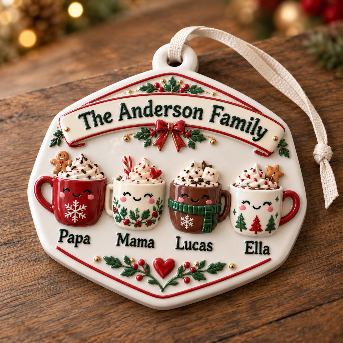 Family Hot Cocoa Mugs Ceramic Christmas Tree Holiday Keepsake Plaque - 3D Relief Ornament