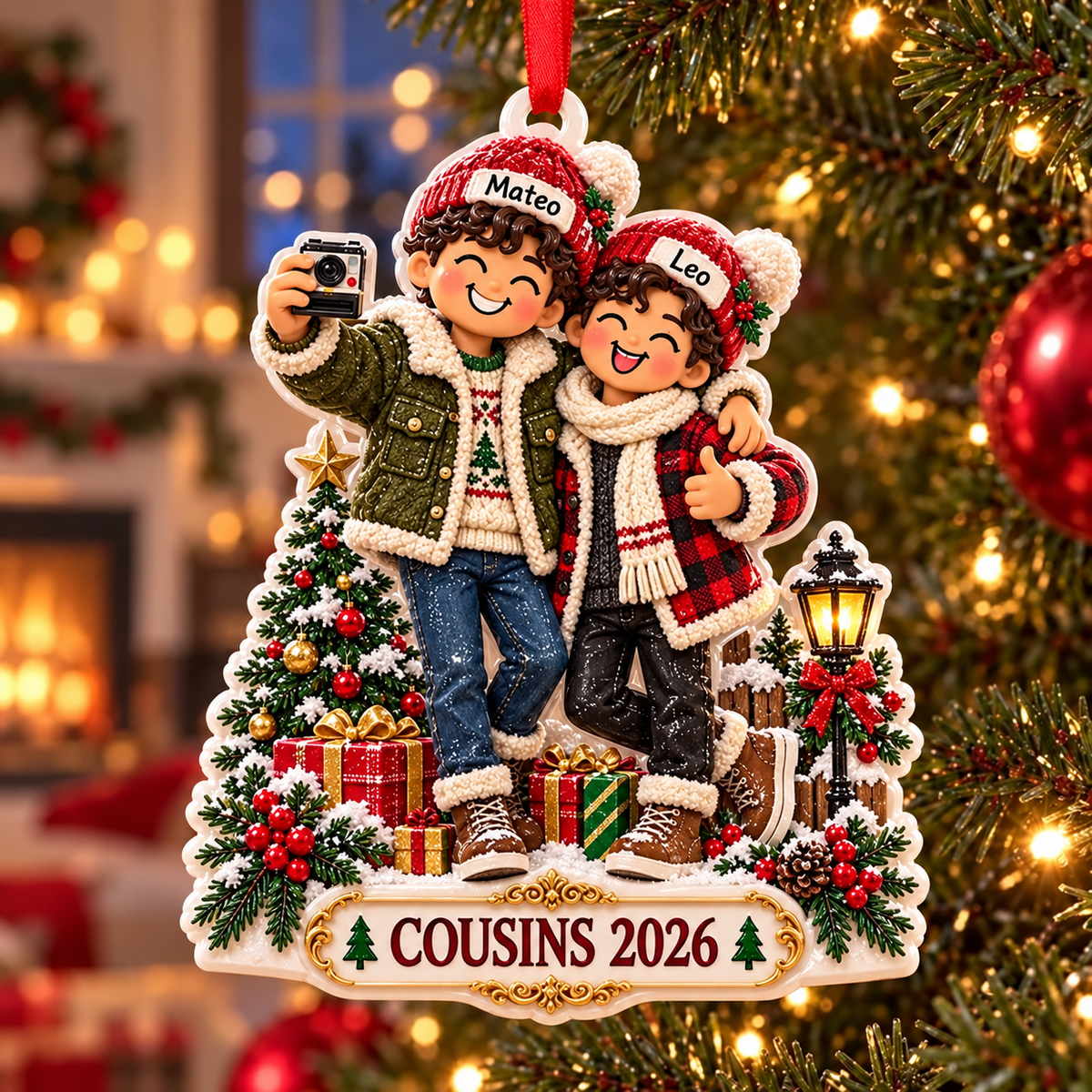 Two Boys Taking Selfie Christmas Tree Plaque Holiday Keepsake - 3D Relief Ornament