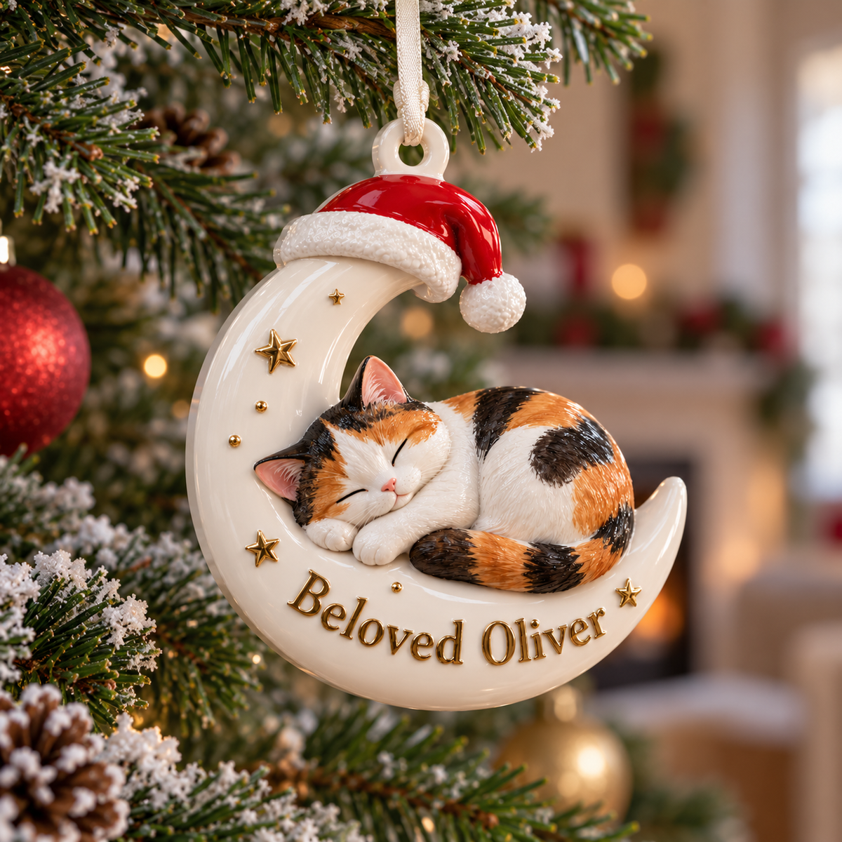 Sleeping Calico Cat on Crescent Moon with Santa Hat Holiday Keepsake - 3D Relief Ornament