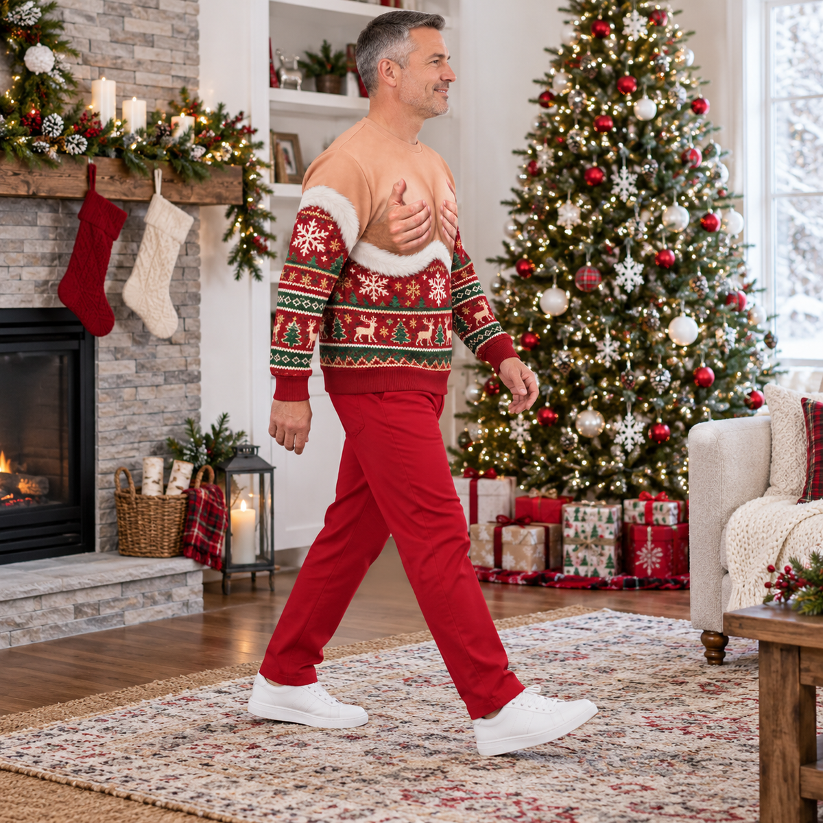 Crewneck Sweatshirt Ugly Christmas Novelty Chest Illusion Print