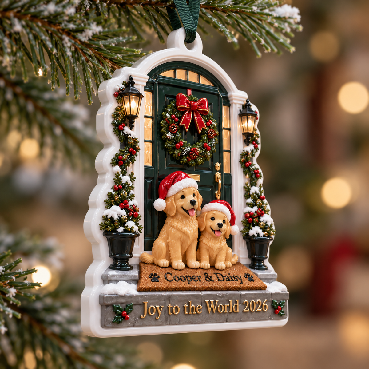 Golden Retriever Dogs at Christmas Front Door Holiday Keepsake - 3D Relief Ornament