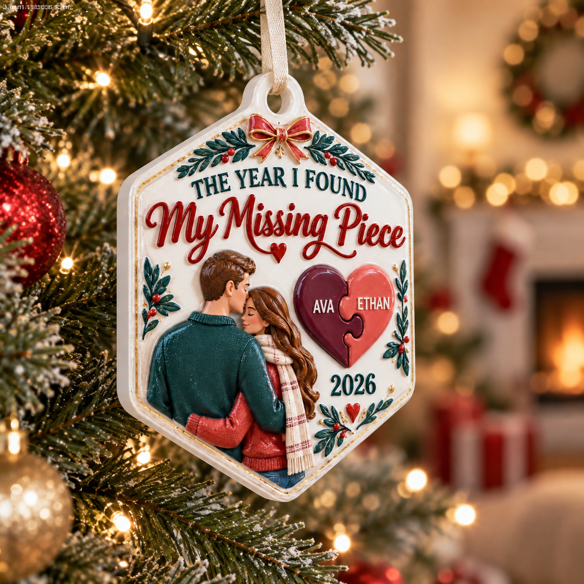 Couple Missing Piece Puzzle Heart Hexagonal Christmas Tree Keepsake - 3D Relief Ornament