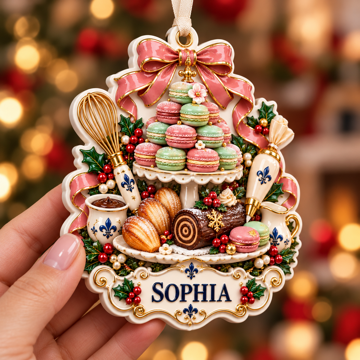 French Bakery Macaron Tower and Pastry Holiday Keepsake - 3D Relief Ornament