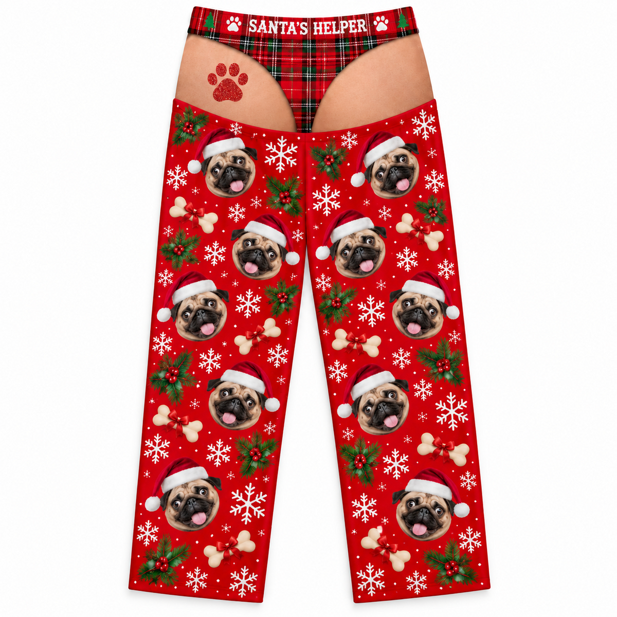 Mens Cutout Christmas Dog Print Pajama Pants with Plaid Briefs