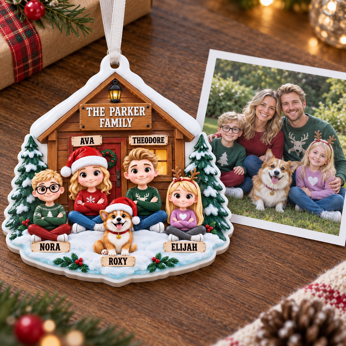 Family and Pet Dog Winter Log Cabin Christmas Tree Hanging Keepsake - 3D Relief Ornament