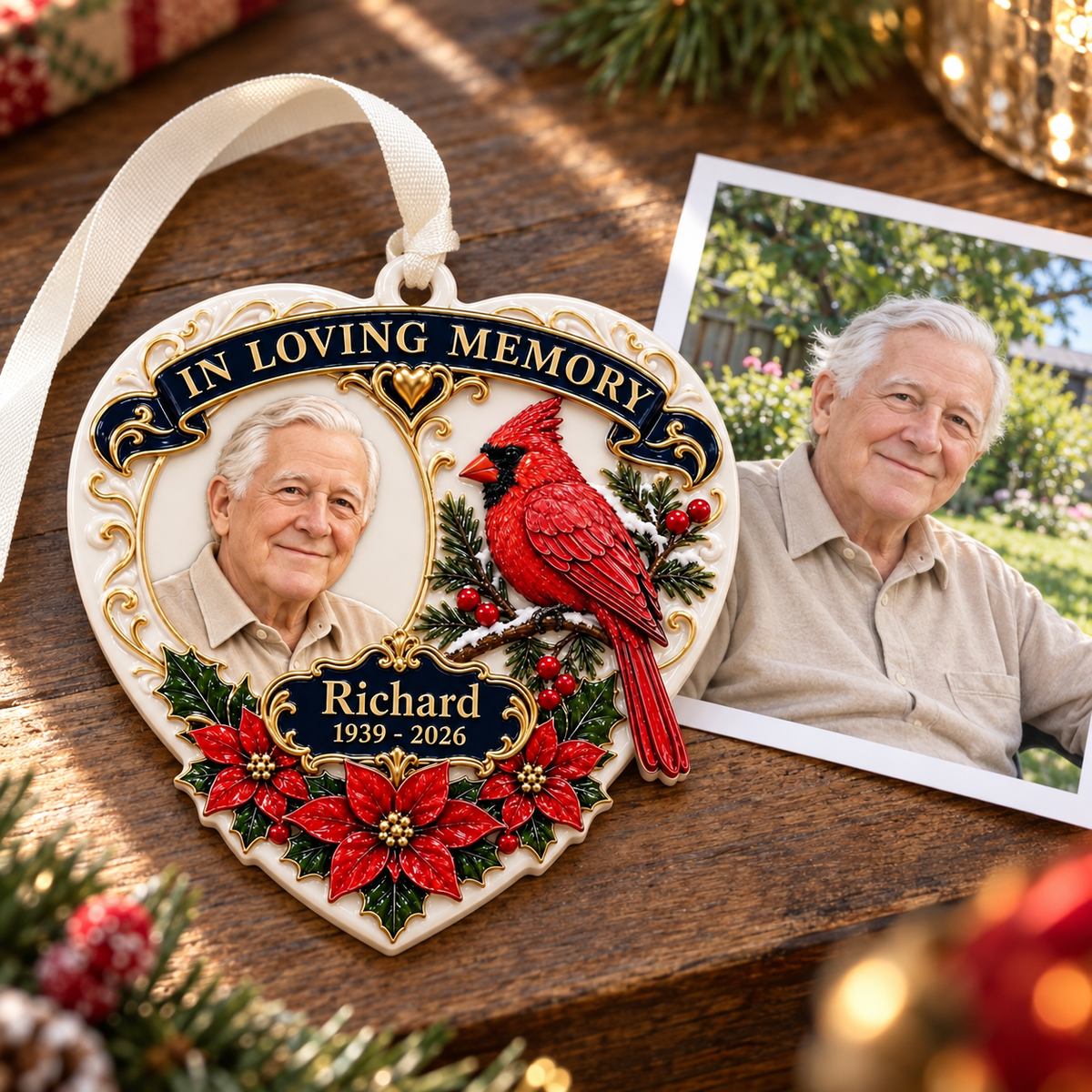 Heart Memorial Keepsake with Red Cardinal and Poinsettia Accents - 3D Relief Ornament
