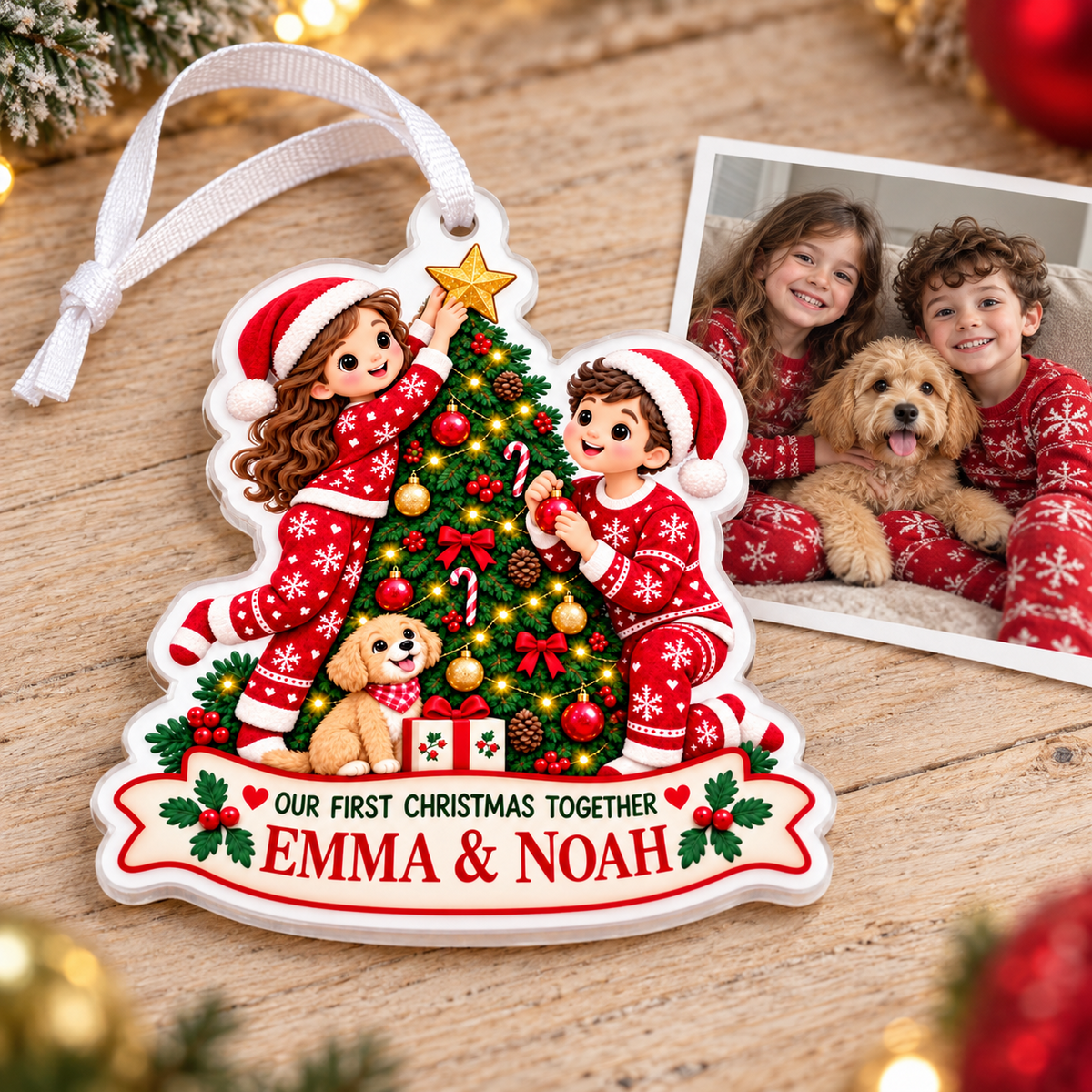 Couple with Puppy Decorating Christmas Tree Holiday Keepsake - 3D Relief Ornament