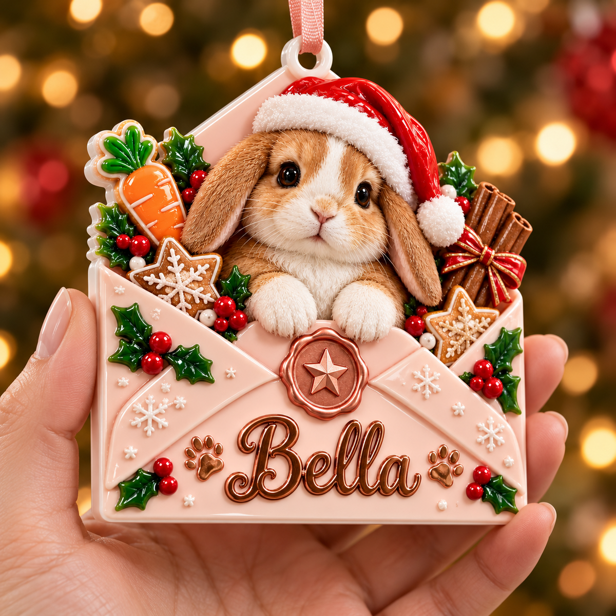 Baby Bunny in Pink Envelope Christmas Tree Pendant - 3D Relief Ornament