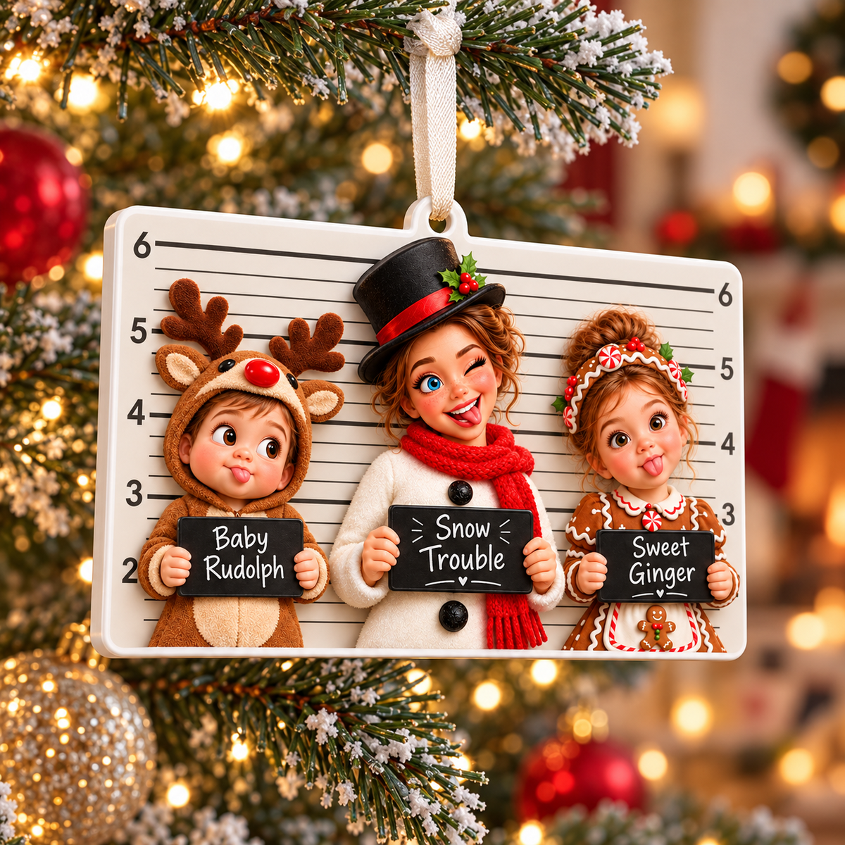 Christmas Mugshot Lineup Kids Costumes Rectangular Hanging Holiday Keepsake - 3D Relief Ornament