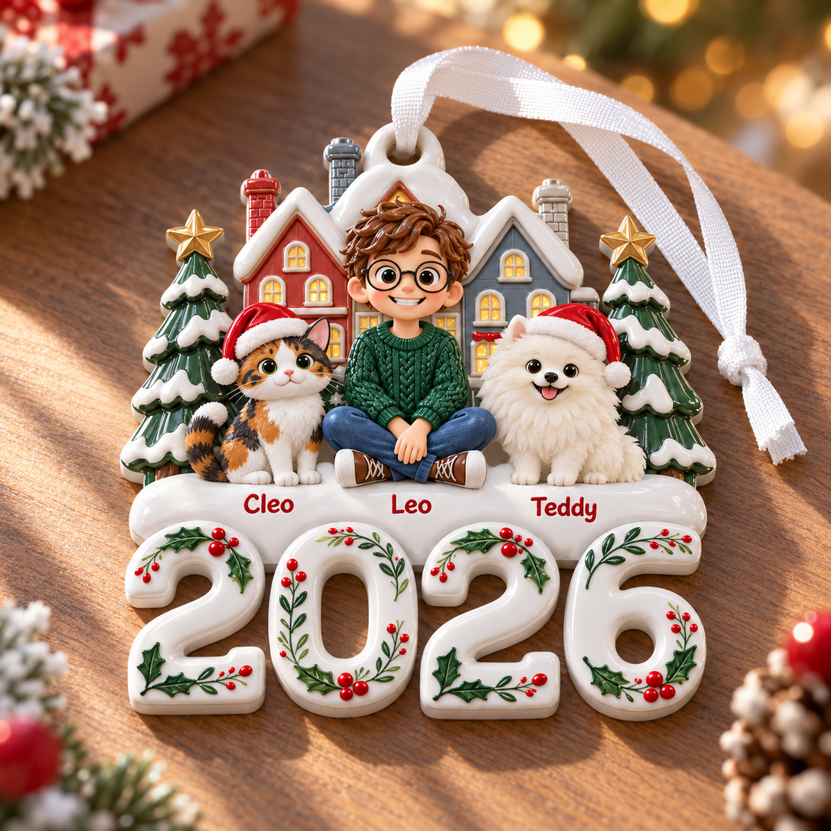 Dated 2026 Christmas Village Snowy Townhouse and Pine Tree Holiday Decor - 3D Relief Ornament