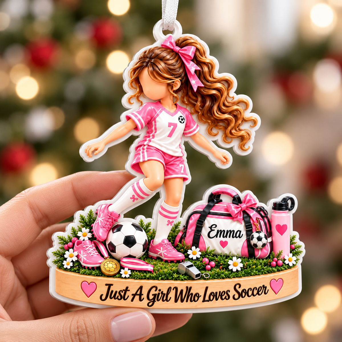 Pink Soccer Player Girl Acrylic Hanging Holiday Keepsake - 3D Relief Ornament
