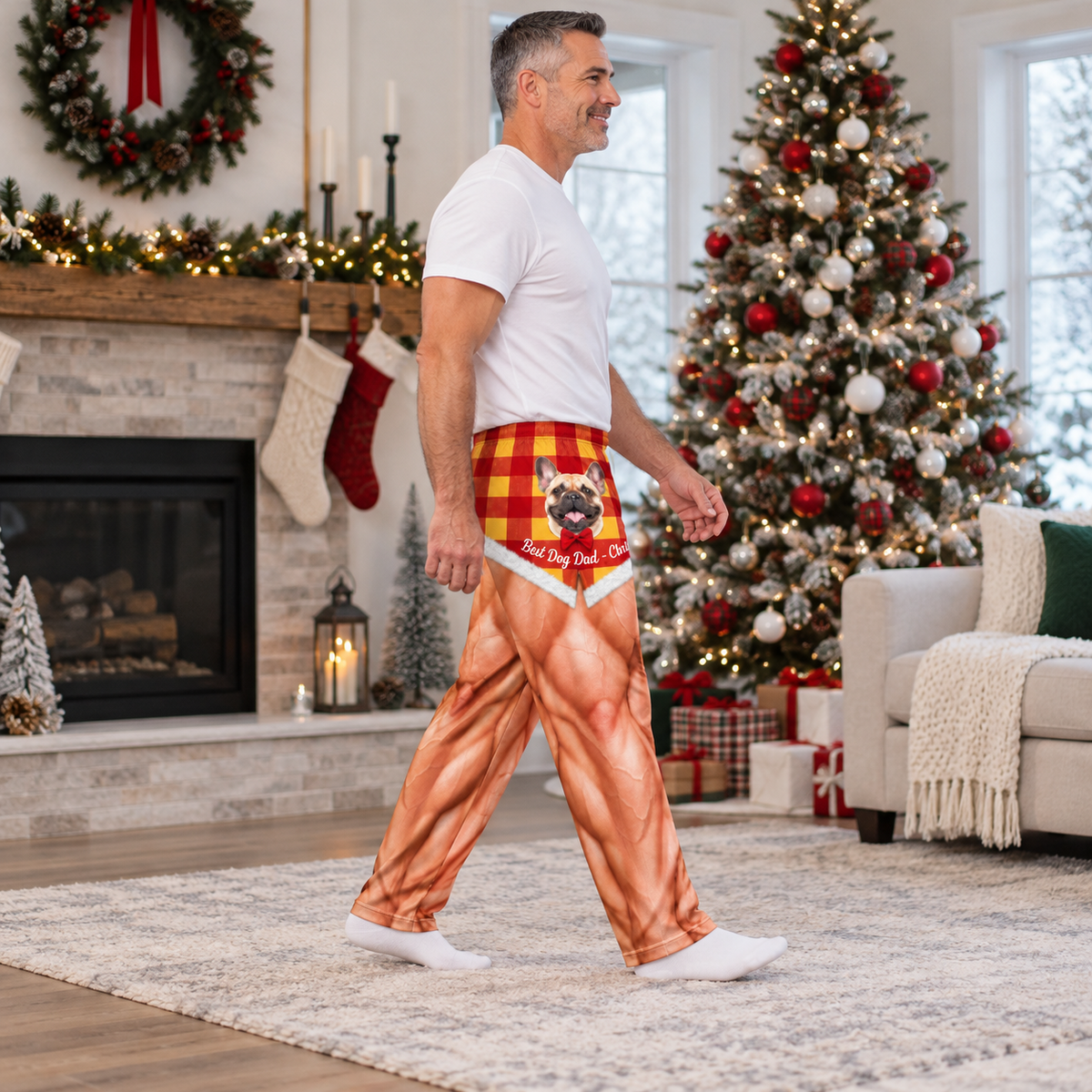 Mens Pajama Pants Muscle Leg Dog Print Plaid Holiday Loungewear