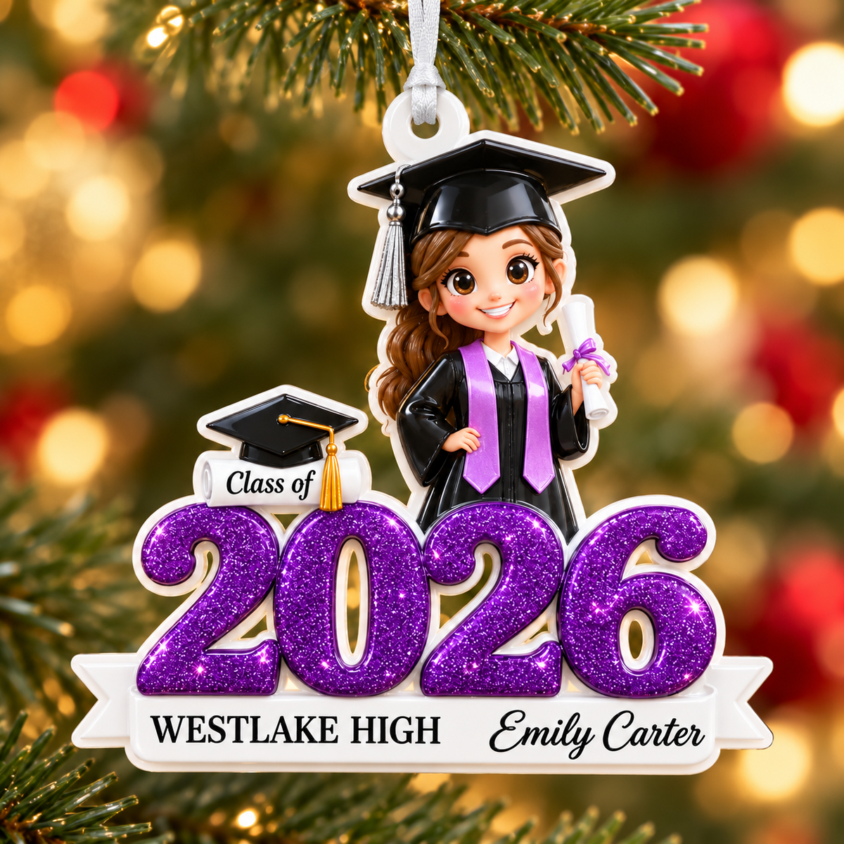 Graduate Girl Class of 2026 Purple Glitter Cap and Gown Keepsake - 3D Relief Ornament