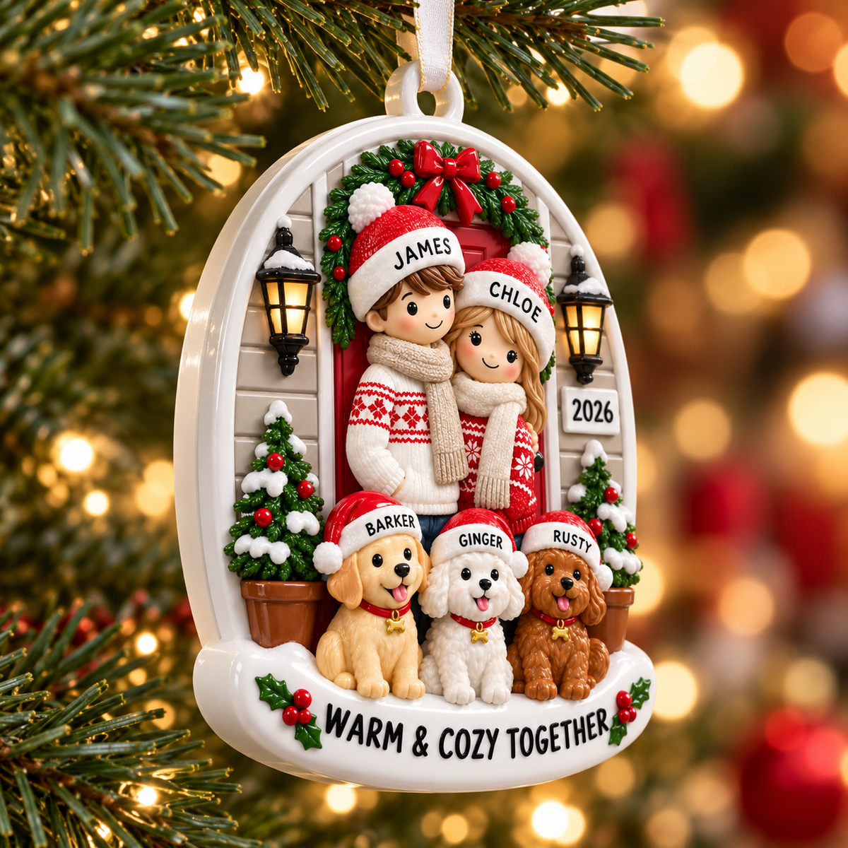 Couple with Three Dogs Front Porch Holiday Keepsake - 3D Relief Ornament